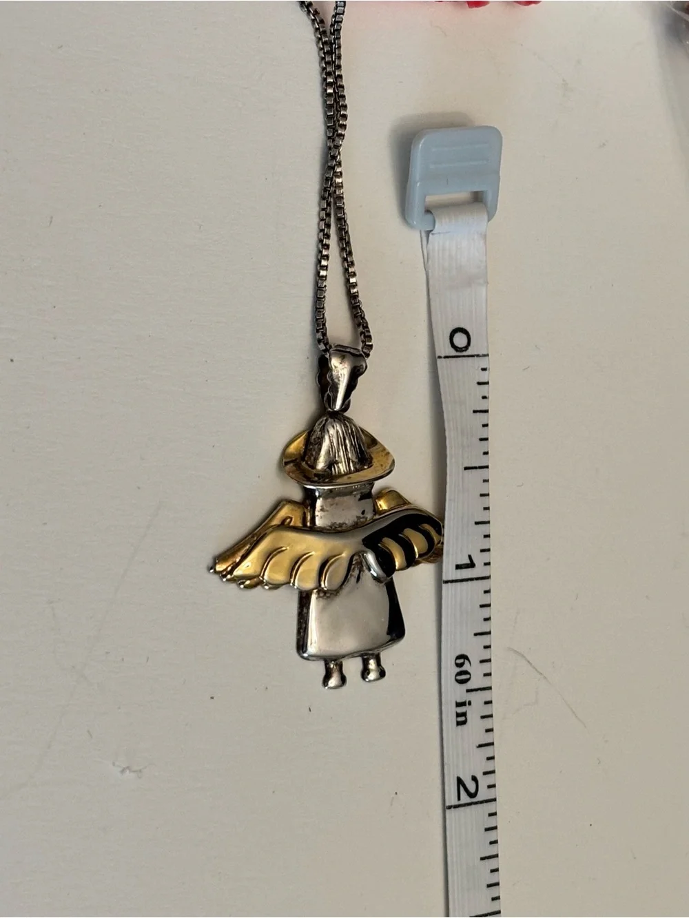 Vintage Sterling Silver Mexican Angel Pendant w/  20”Sterling Silver Box Chain